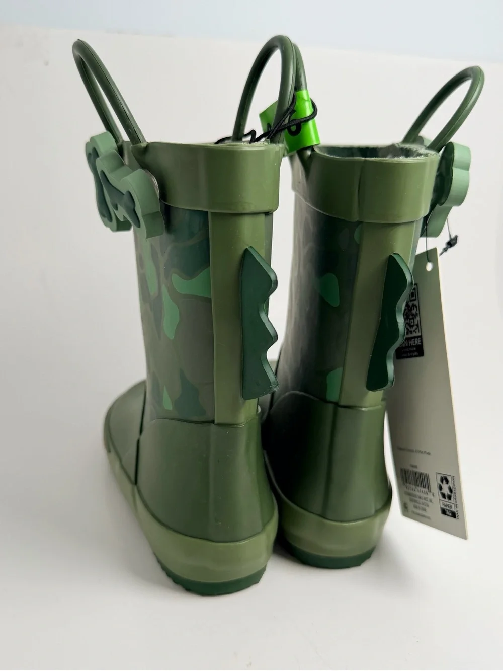 Kids Green Dino Camo Rain & Snow Boots with Playful Dino Face